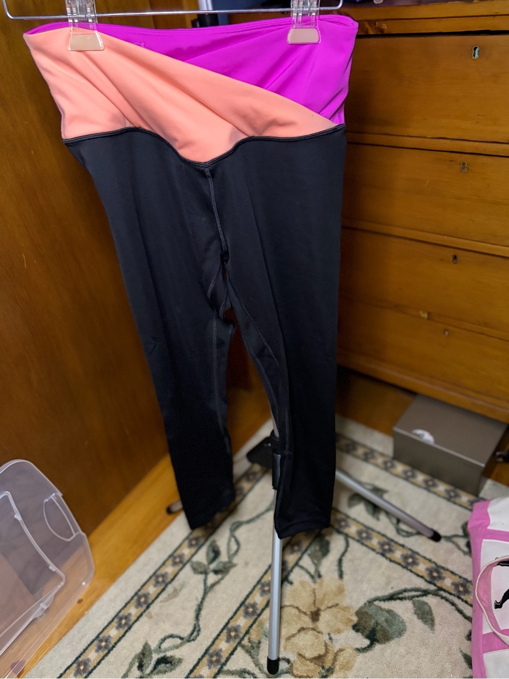Victoria's Secret Black Leggings with Pink and Peach Fold-Over Waistband